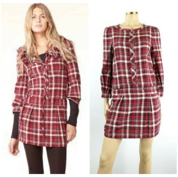 Juicy Couture Sz 8 Red Brushed Plaid Drop Waist Shirt Dress Shift - Picture 1 of 6